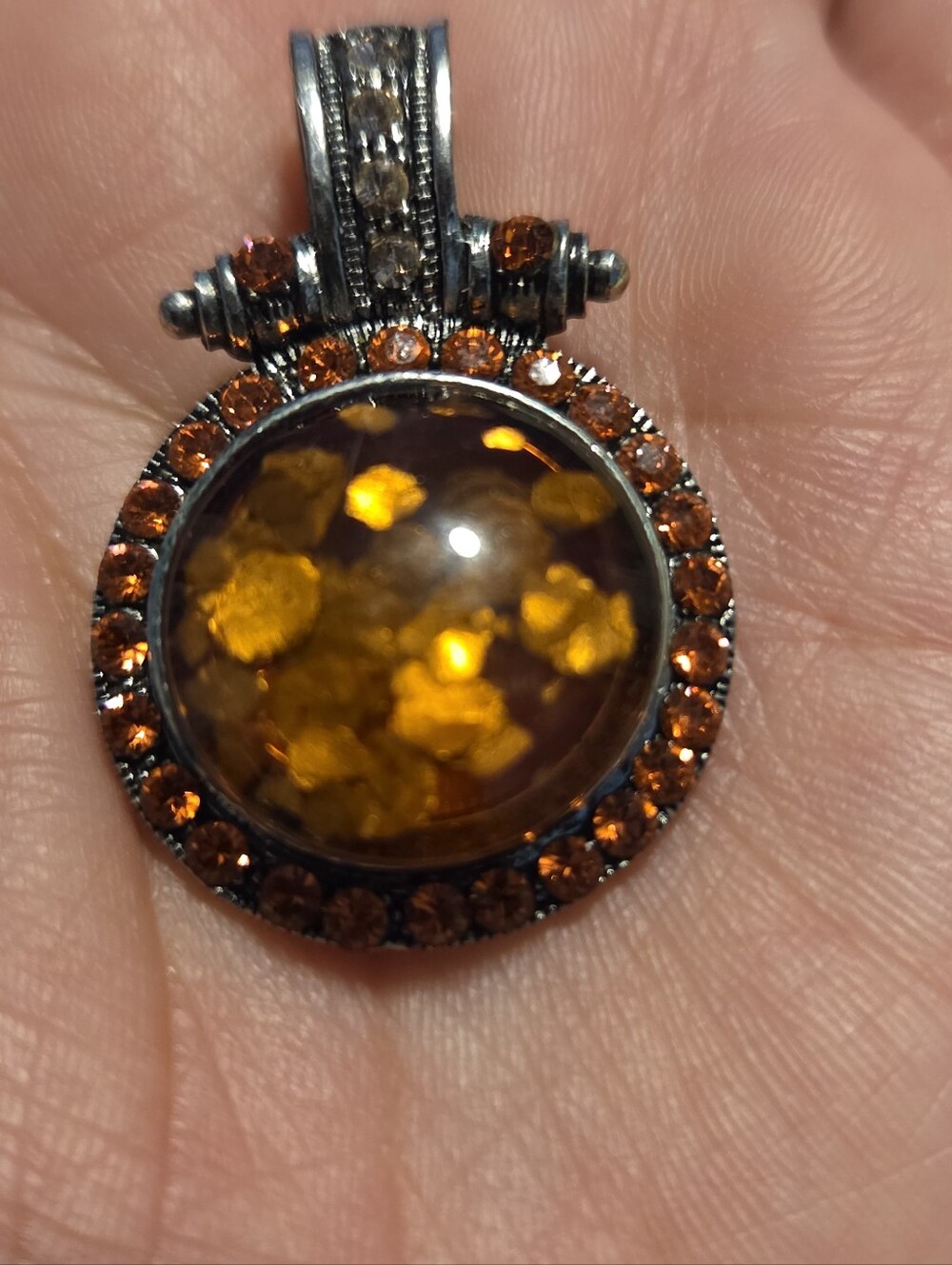 Amber Crystal Round Pendant Necklace - Orange Gemstone Accent